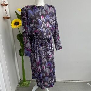 Vintage 80s Novelty Print Layered Gray Feather Print Long Sleeve Secretary Dress